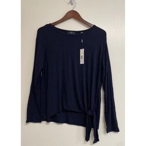 Tahari Cut & Sewn Night Life Long Sleeves Front Tie Top Navy Women's M NWT
